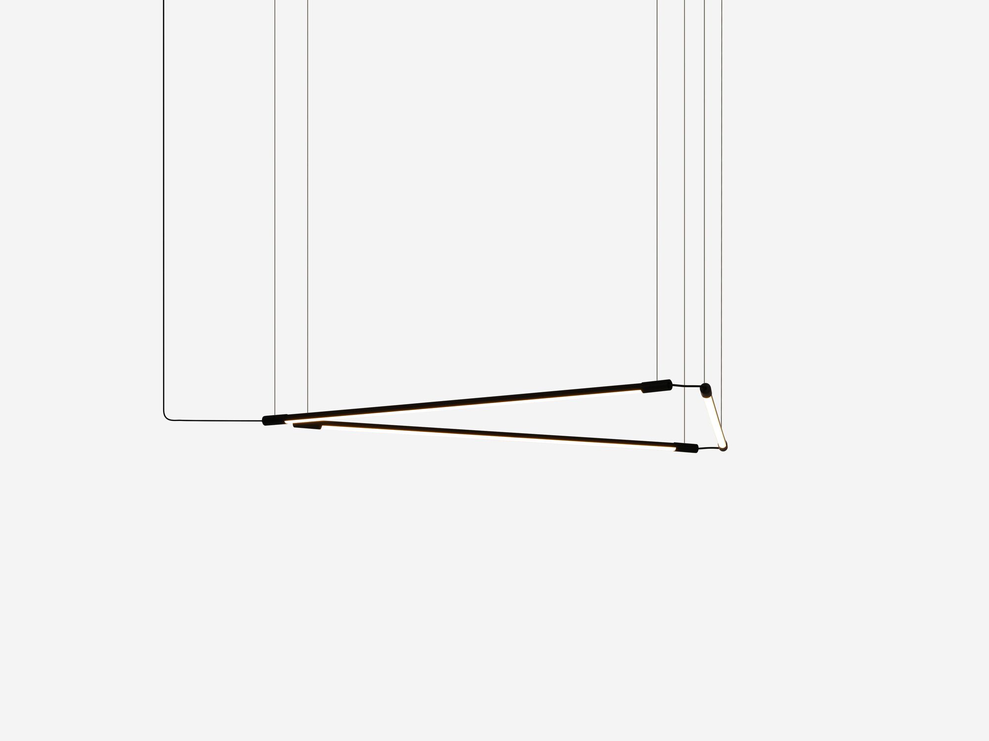 Curving slim black pendant lamp in triangular form side view